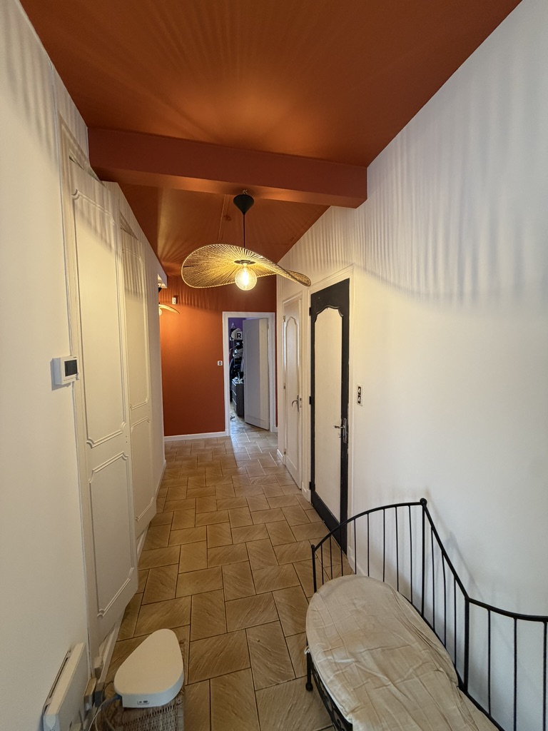 Couloir entièrement ratisser et repeint. Murs du fond et plafond en terracotta